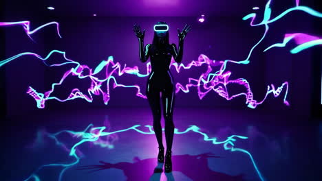 person in vr headset immersed in a neon cyberpunk digital world