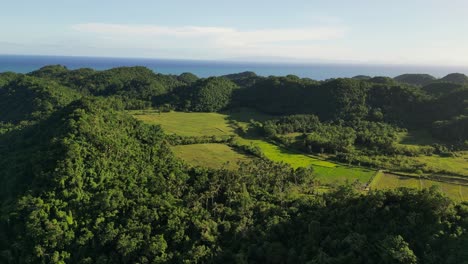 Rolling green hill terrain and distant shoreline near Antipolo, Virac, Catanduanes, establishing at sunrise