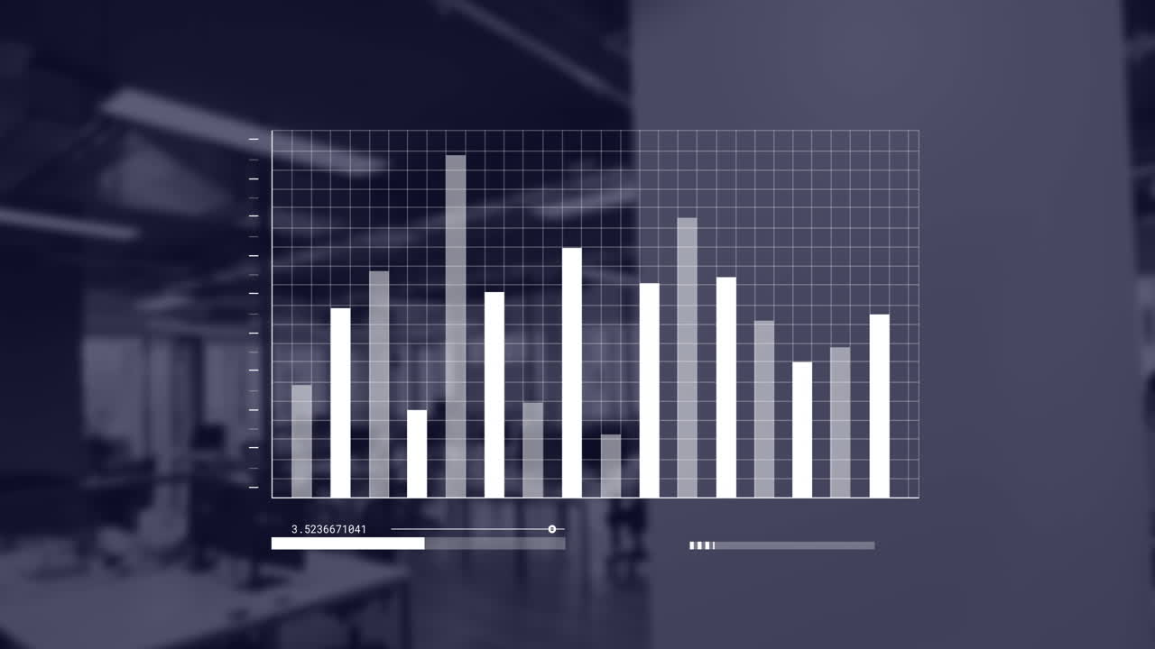 Animation of financial data processing over empty office