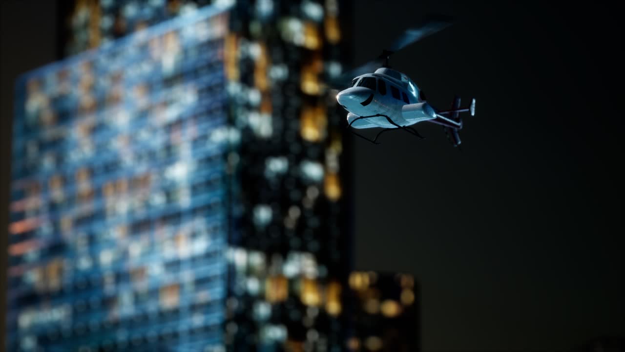 밤에 초고층 빌딩 근처에 있는 느린 움직임의 헬리 ⁇ 터