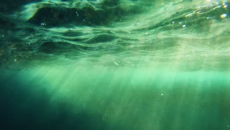 ocean's greenish surface seen from underwater