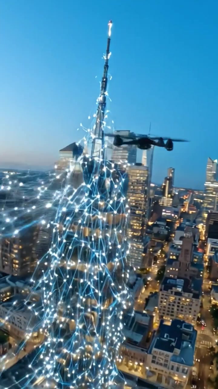 Vista aerea dello skyline cittadino al tramonto con uno spettacolare spettacolo di luci di droni sopra i grattacieli, che evidenzia tecnologia avanzata e paesaggio urbano.