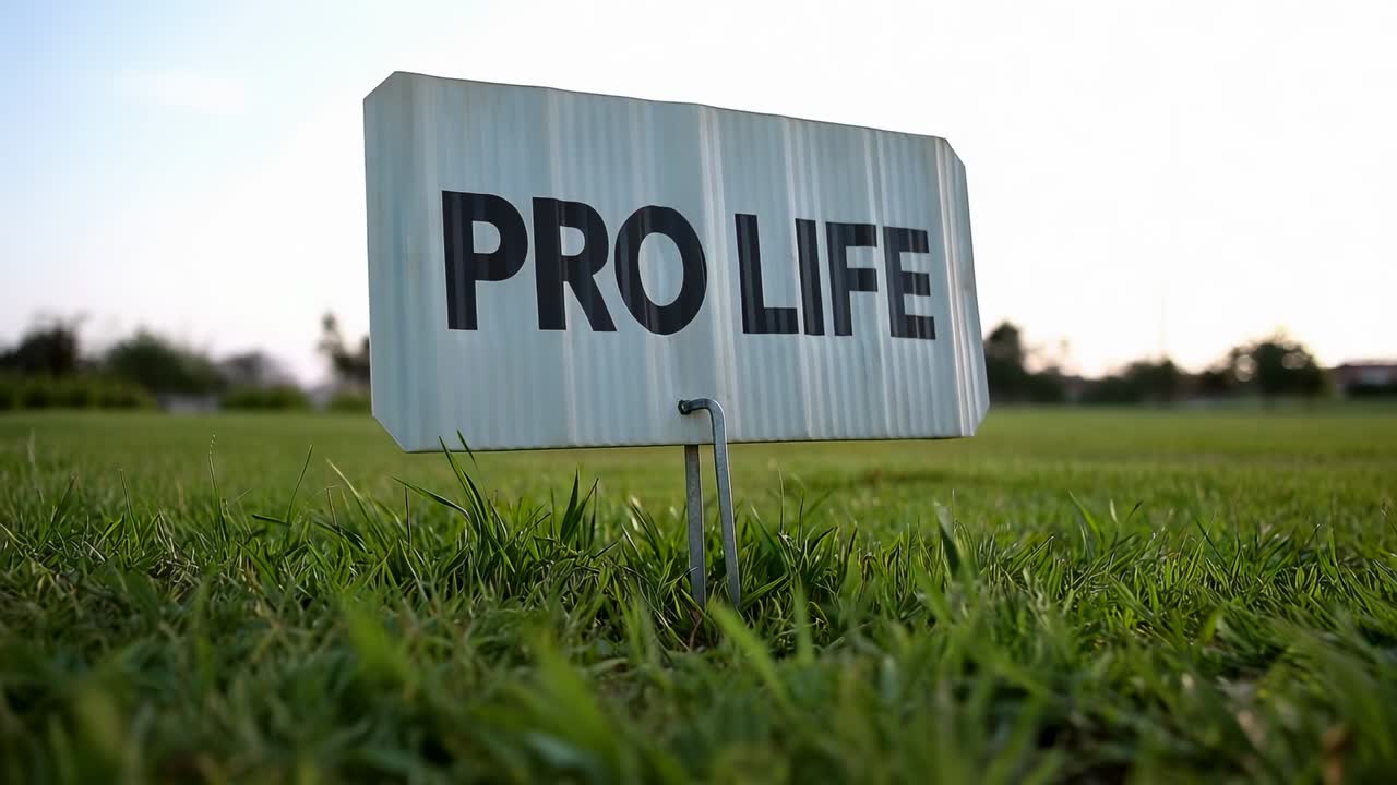 La fotocamera cambia messa a fuoco, cartello da giardino con la scritta PRO LIFE tenuto centrato nell'erba con picchetto a H, linea degli alberi