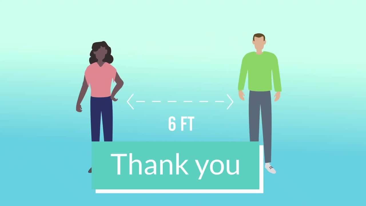 감사합니다. 남성과 여성이 사회적 거리를 유지하는 텍스트 배너. 파란색 배경의 아이콘