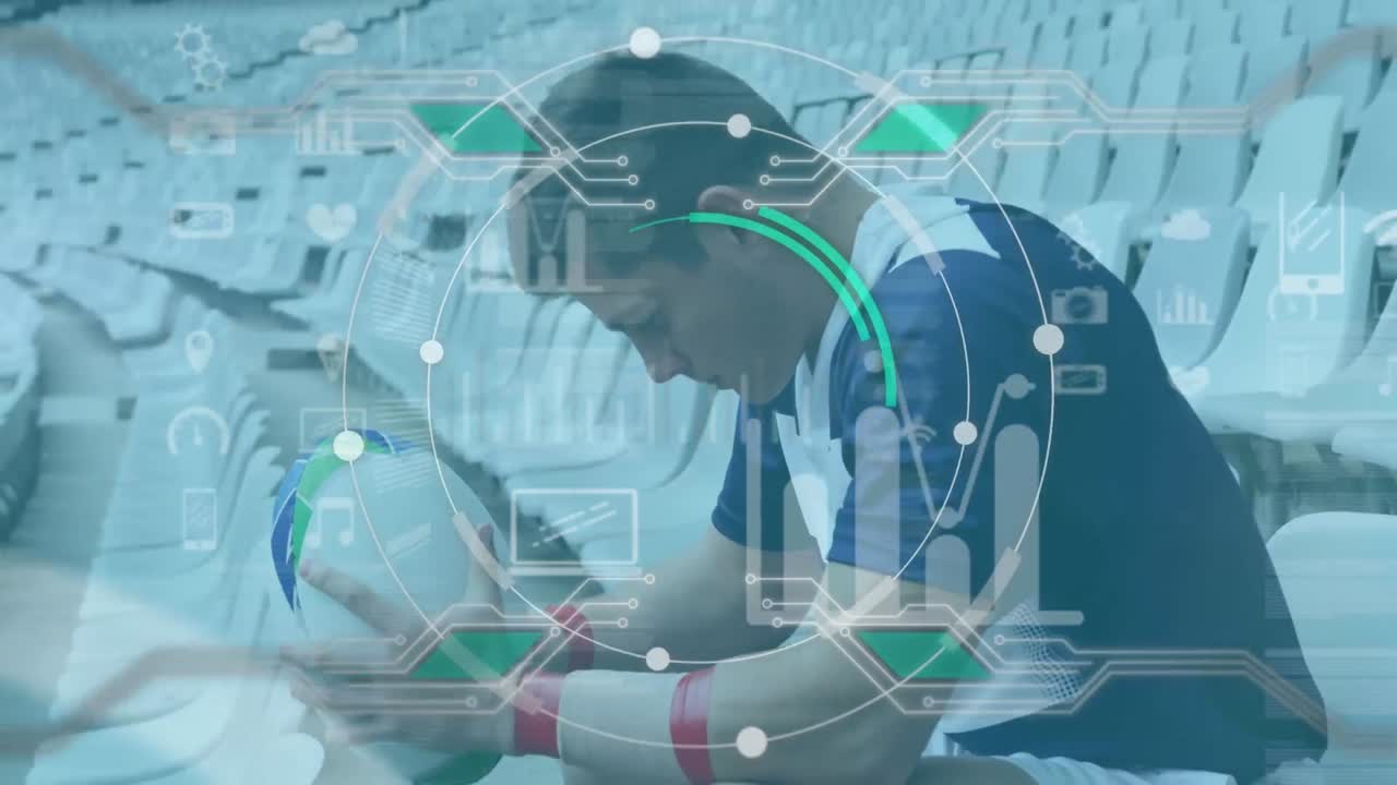 앉아 있는 백인 남성 럭비 선수 위에 떠다니는 사회적 아이콘의 애니메이션