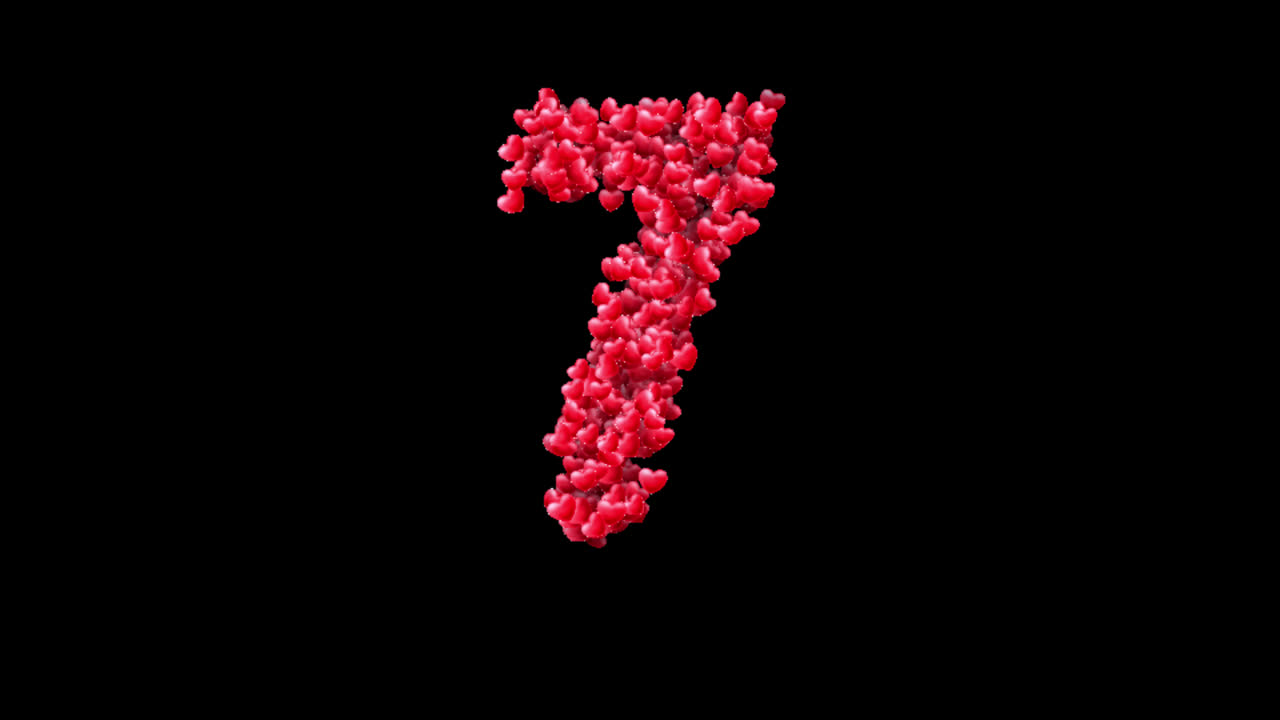 Animazione del numero sette con particelle a forma di cuore su sfondo trasparente.