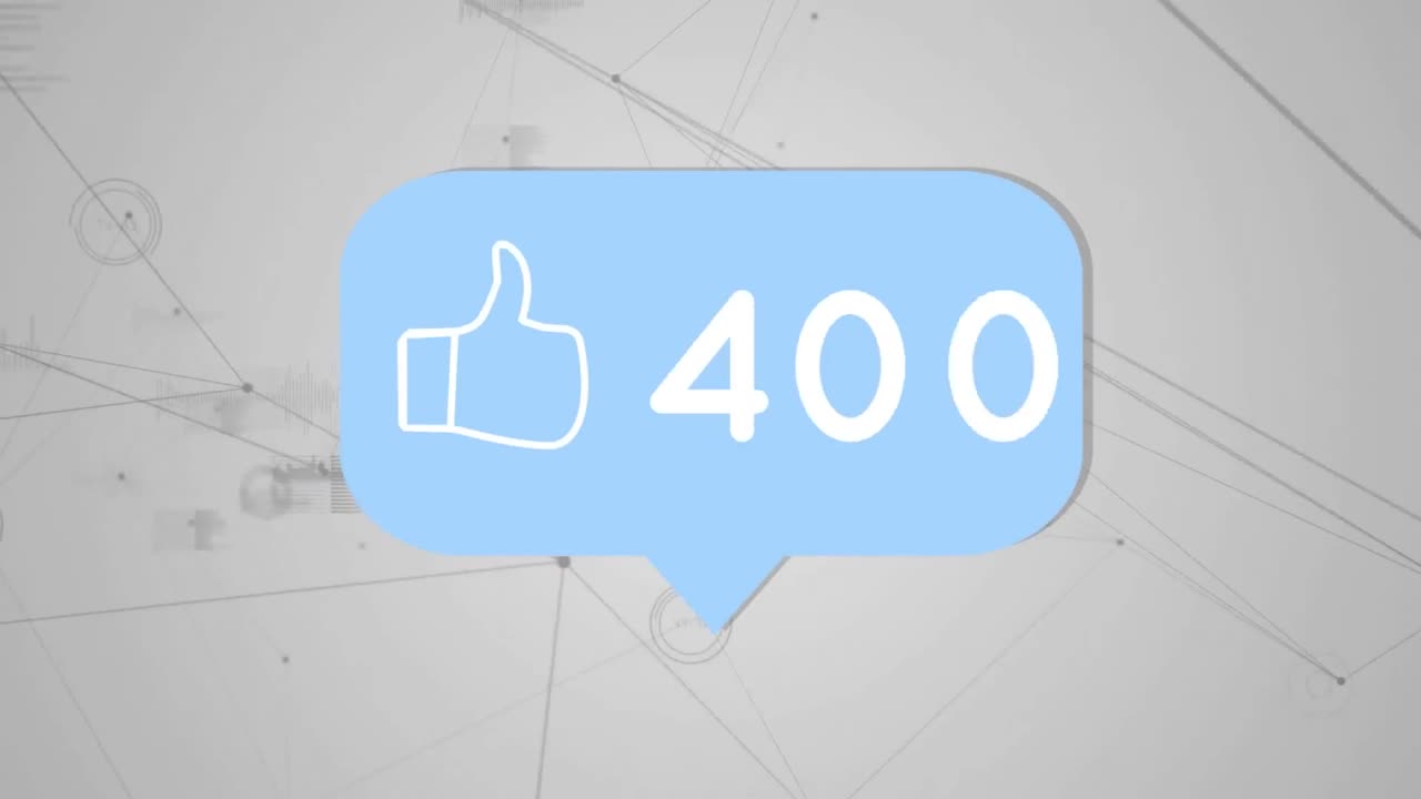 Animation of like icon with increasing numbers over network of connections against grey background