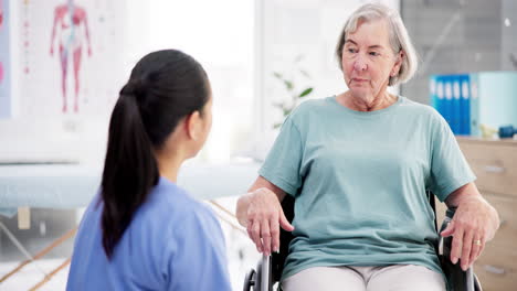 Atención-Sanitaria,-Enfermera-Y-Mujer-Mayor-En-Silla-De-Ruedas.