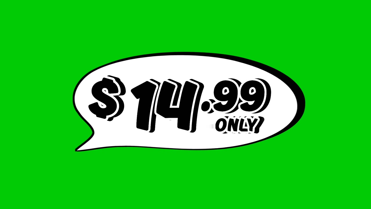 Animated $14.99 price tag in speech bubble motion graphics on green screen background. Perfect for ads, e-commerce, retail, discounts, and promotion business concept video element