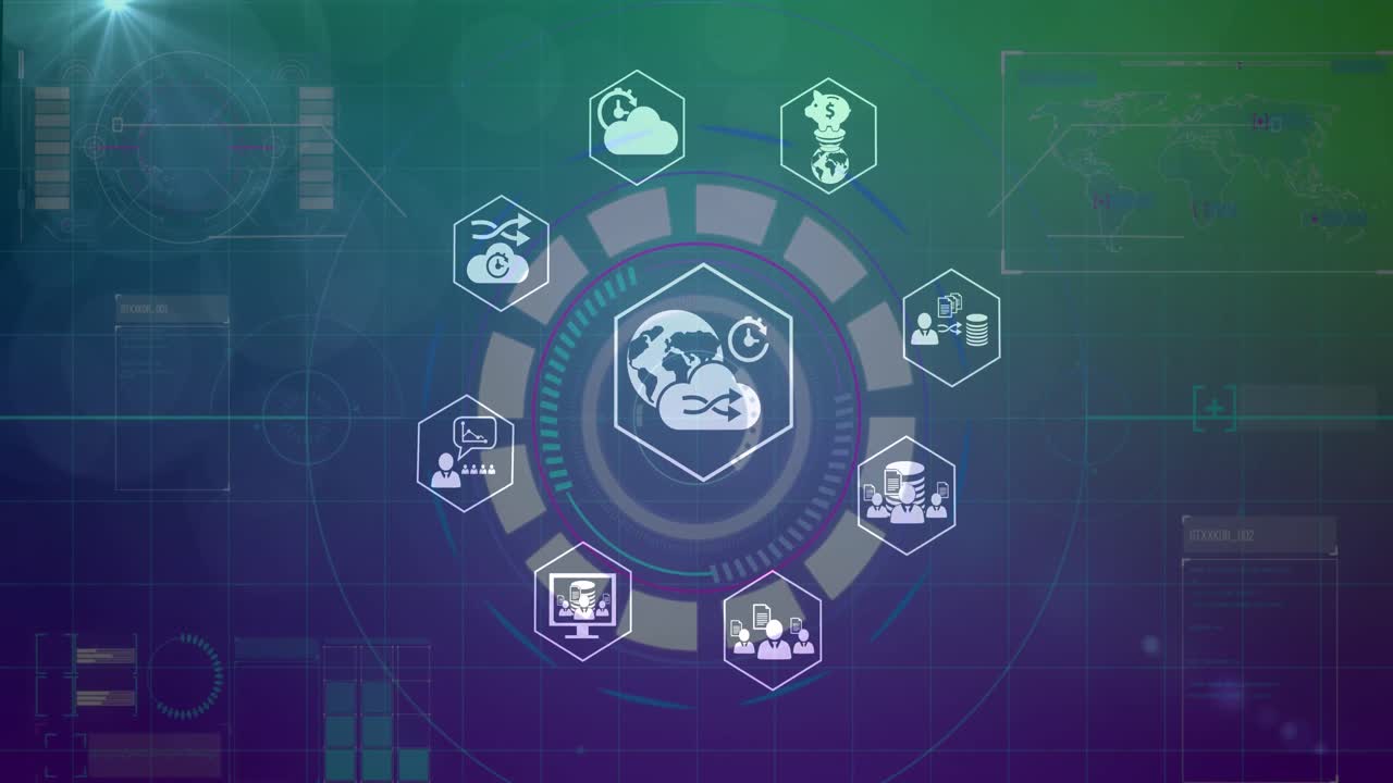 animación del procesamiento de datos sobre un fondo azul