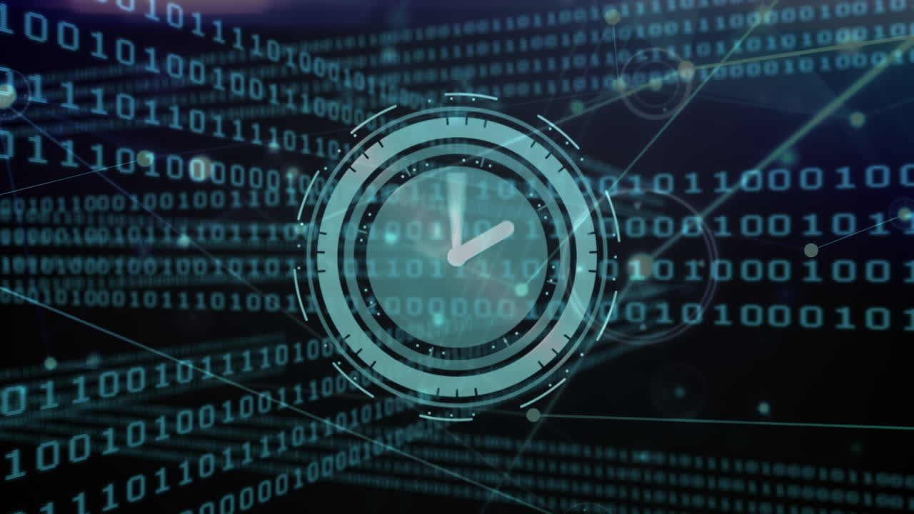 Animation of clock moving fast over networks and binary coding