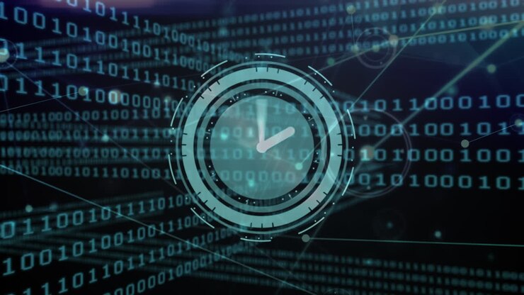 Animation of clock moving fast over networks and binary coding