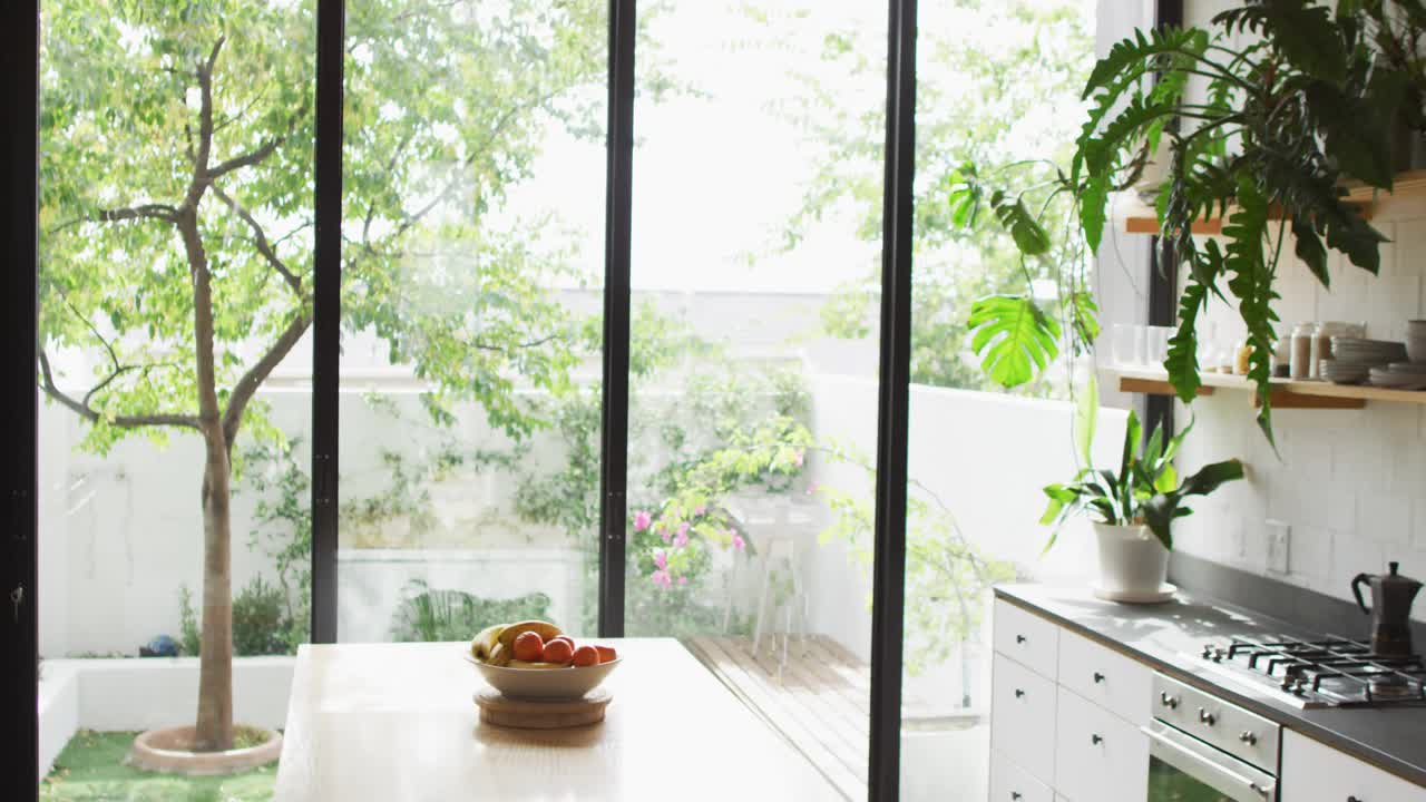 On frame3 kitchen table and counter reacting, blue waves sweeping, disk drifting, visualizing sound