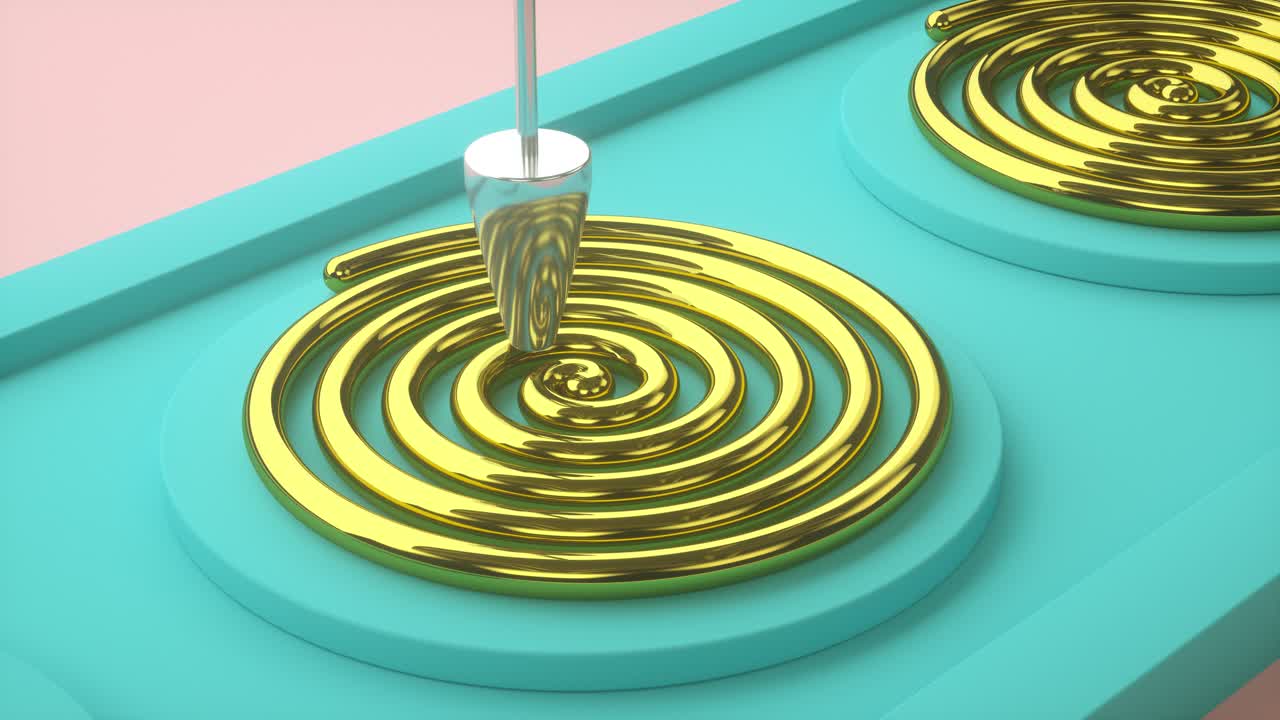 컨베이어에 황금 나선형을 만드는 기계: 트렌디한 색상으로 재미있는 추상적인 모션 그래픽, 루핑 애니메이션, 3d 렌더링