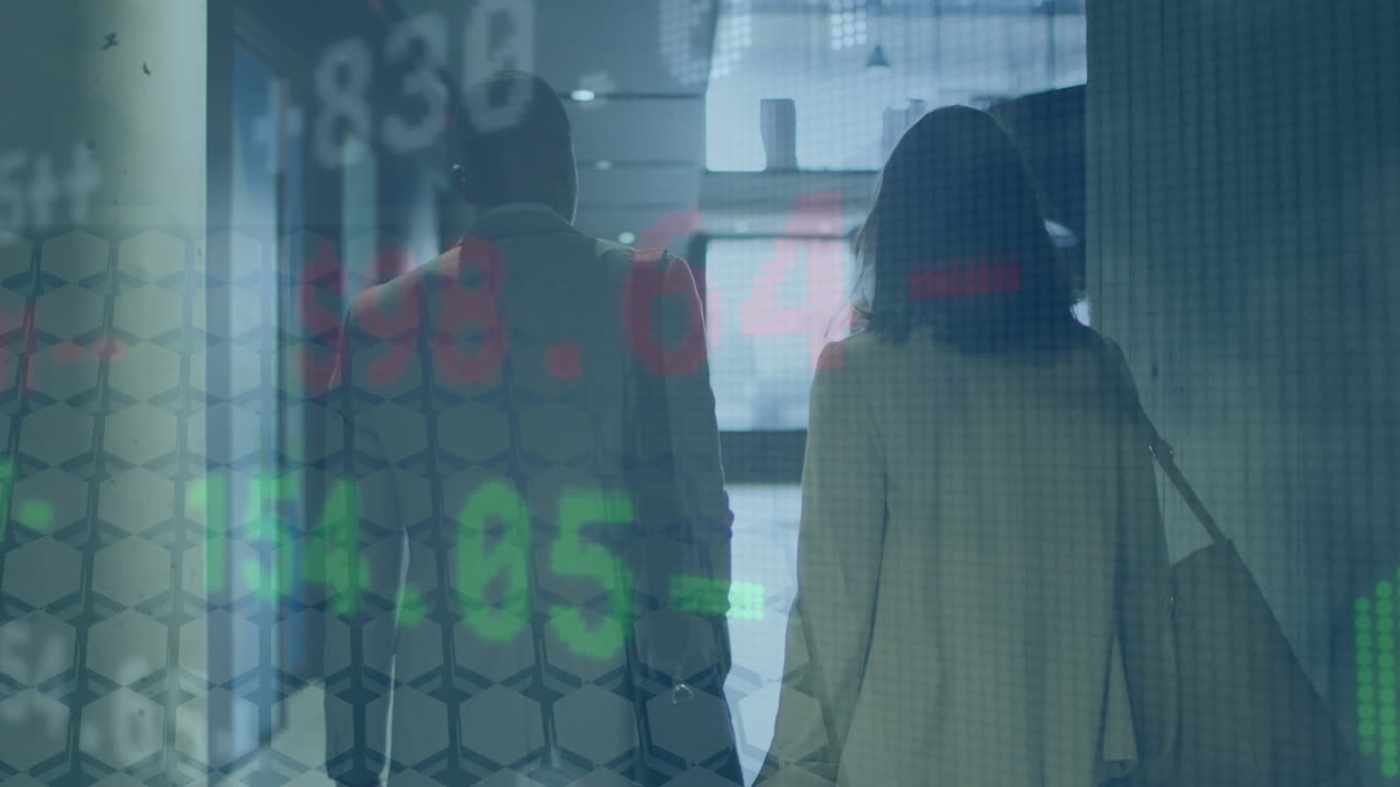 Animation of trading board over rear view of diverse coworkers discussing while walking in corridor
