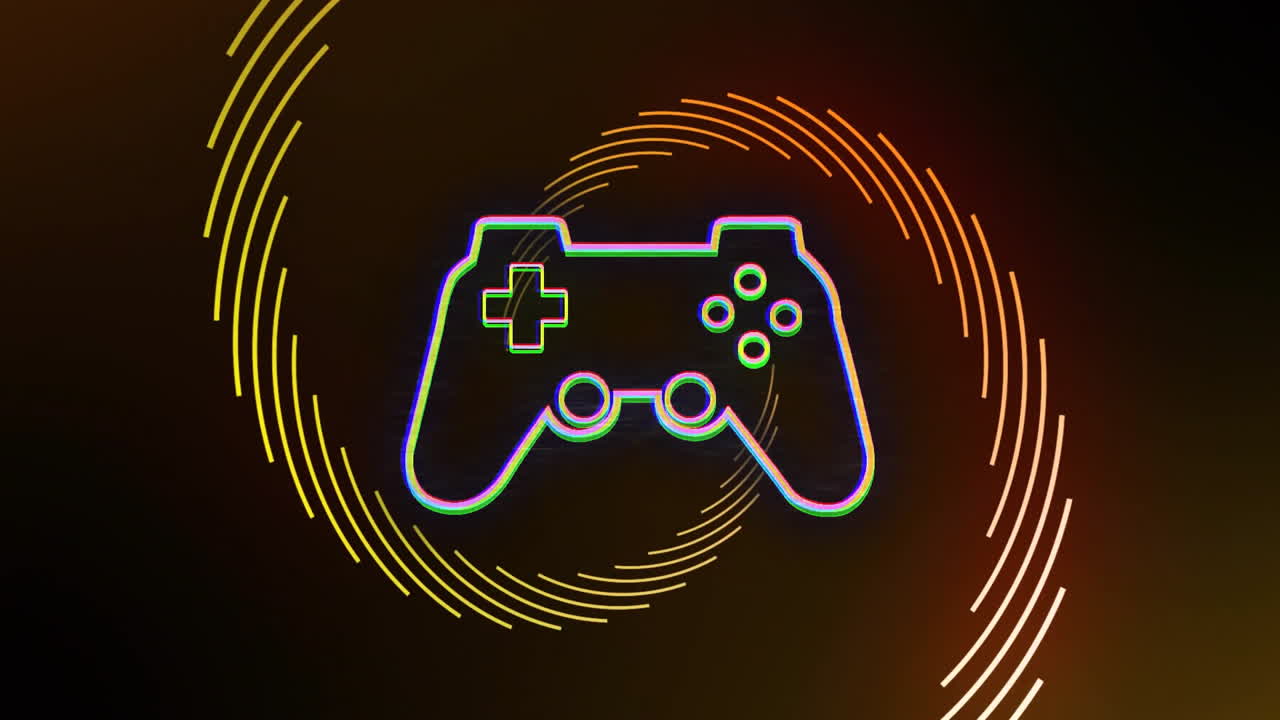 Animation of neon game controller with swirling orange lines on dark background