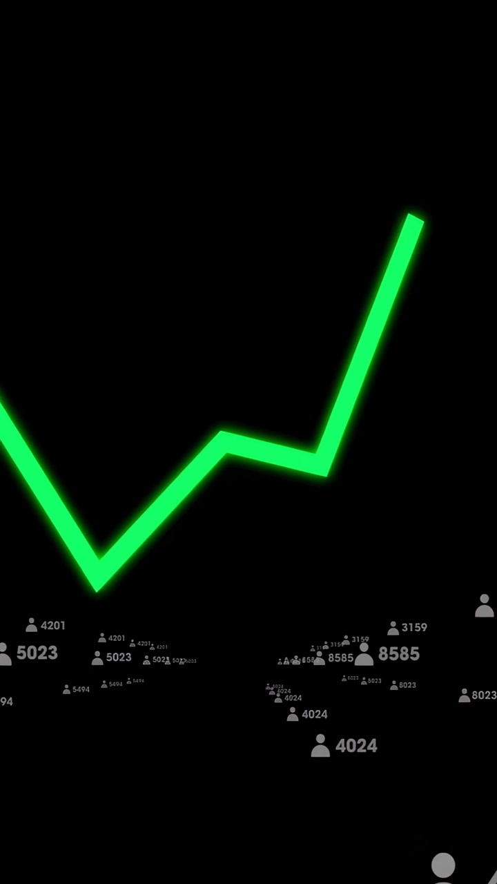 Video verticale: Polilinea che emerge dal basso a sinistra, linea verde neon che sale, mostrando marcatori e conteggi.
