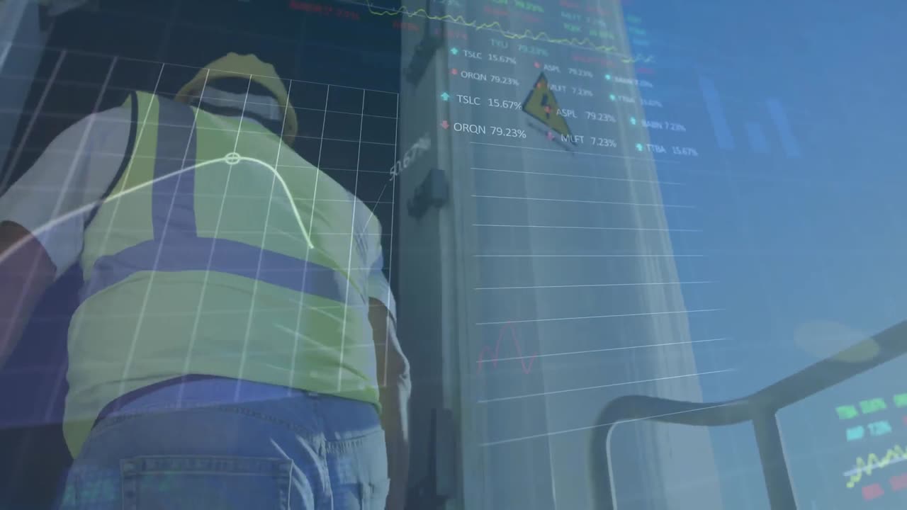 animación del procesamiento de datos financieros e ingeniero en la turbina eólica