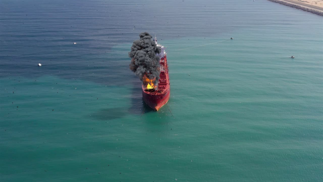 Burning Oil Tanker at Sea
