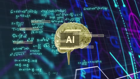 animación de texto ai, cerebro humano y procesamiento de datos matemáticos