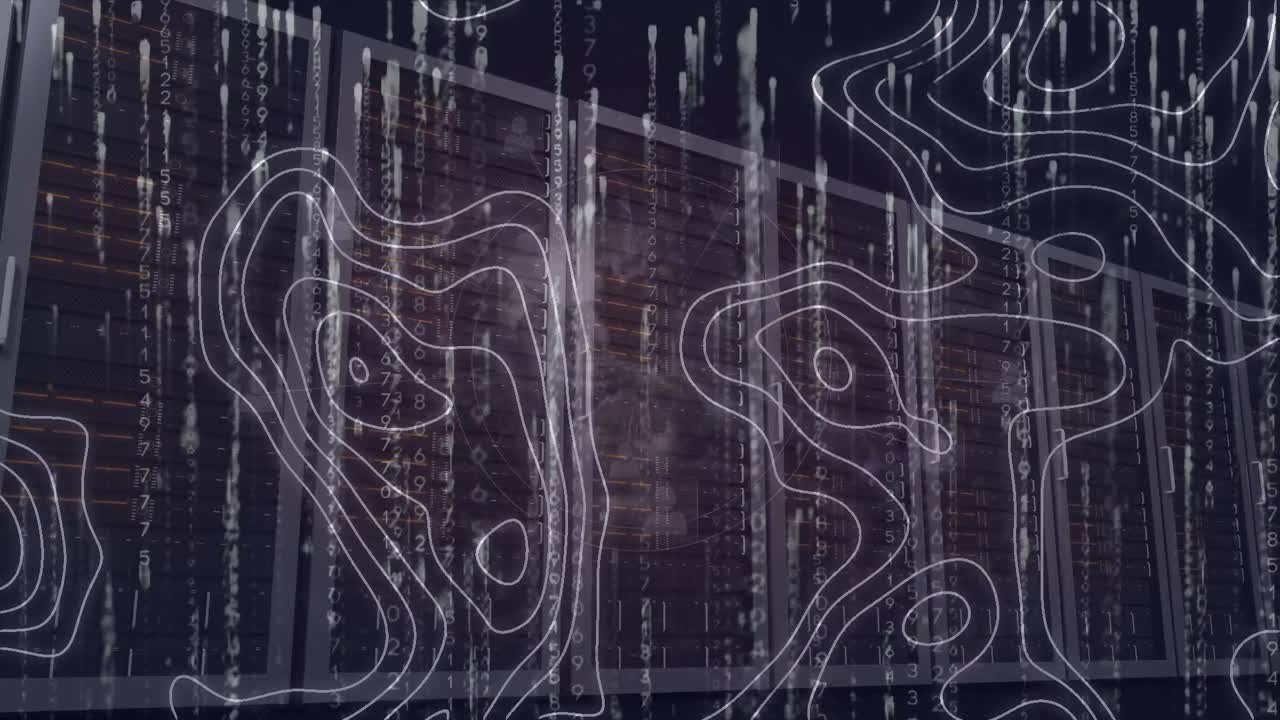 Animation of data processing and line map over server room