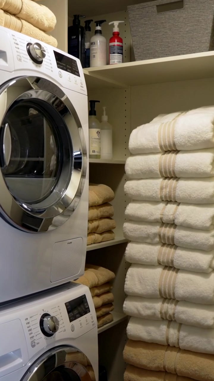 Vertical video: Panning camera showing stacked washer dryer in laundry closet, towels, copy space