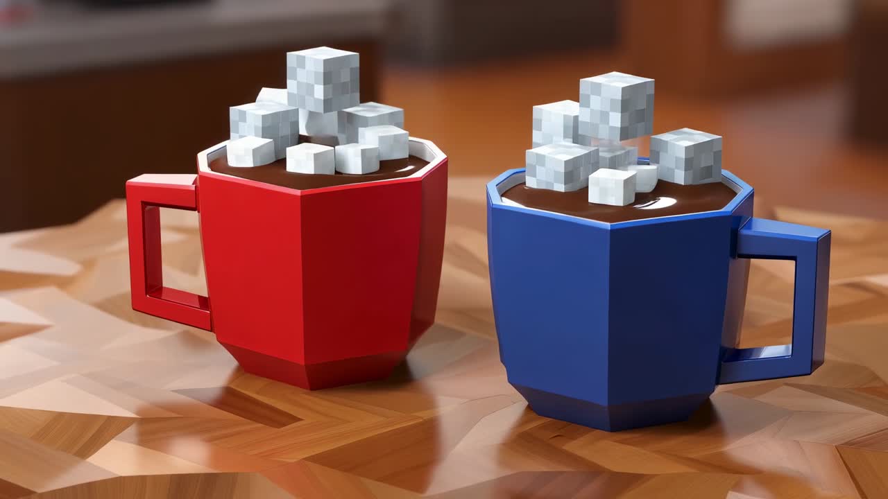Cubetti pixelati che cadono e si accumulano sopra tazze sfaccettate rosse e blu sul bancone della cucina di casa, con vapore che si alza