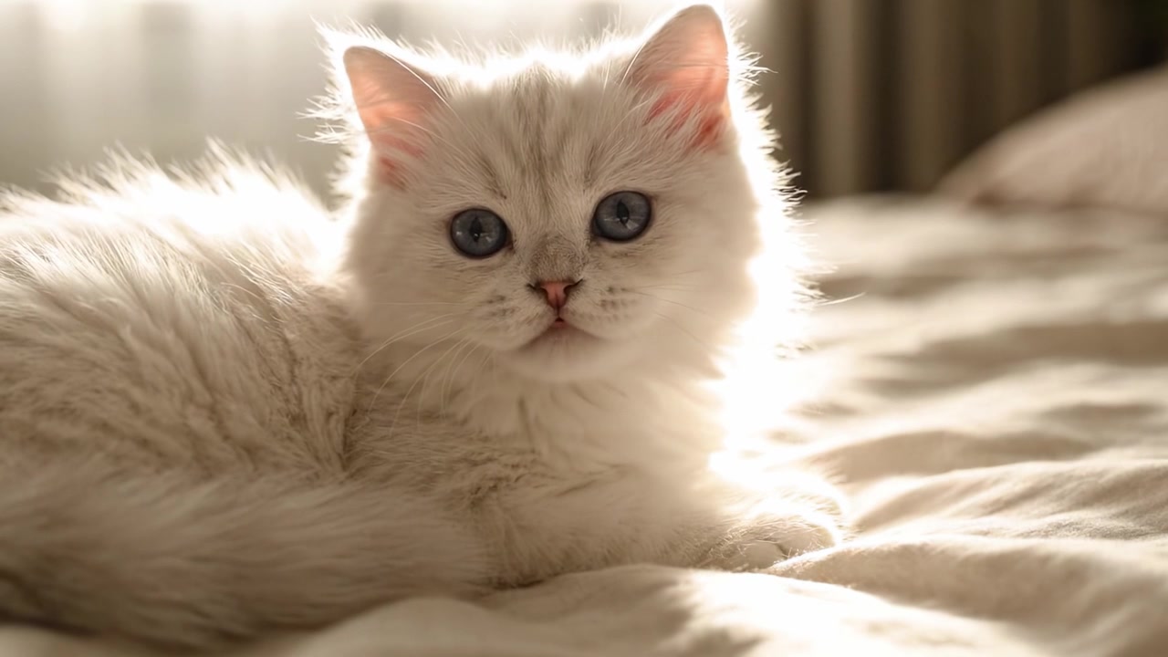 Seekor kucing putih berbulu lebat yang cantik dengan mata biru mencolok beristirahat dengan tenang di tempat tidur empuk, menikmati ruangan yang dipenuhi sinar matahari hangat, memancarkan pesona dan ketenangan