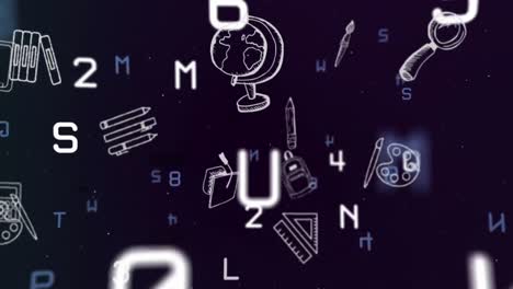 animation of changing white and blue numbers and letters and moving school items on black background