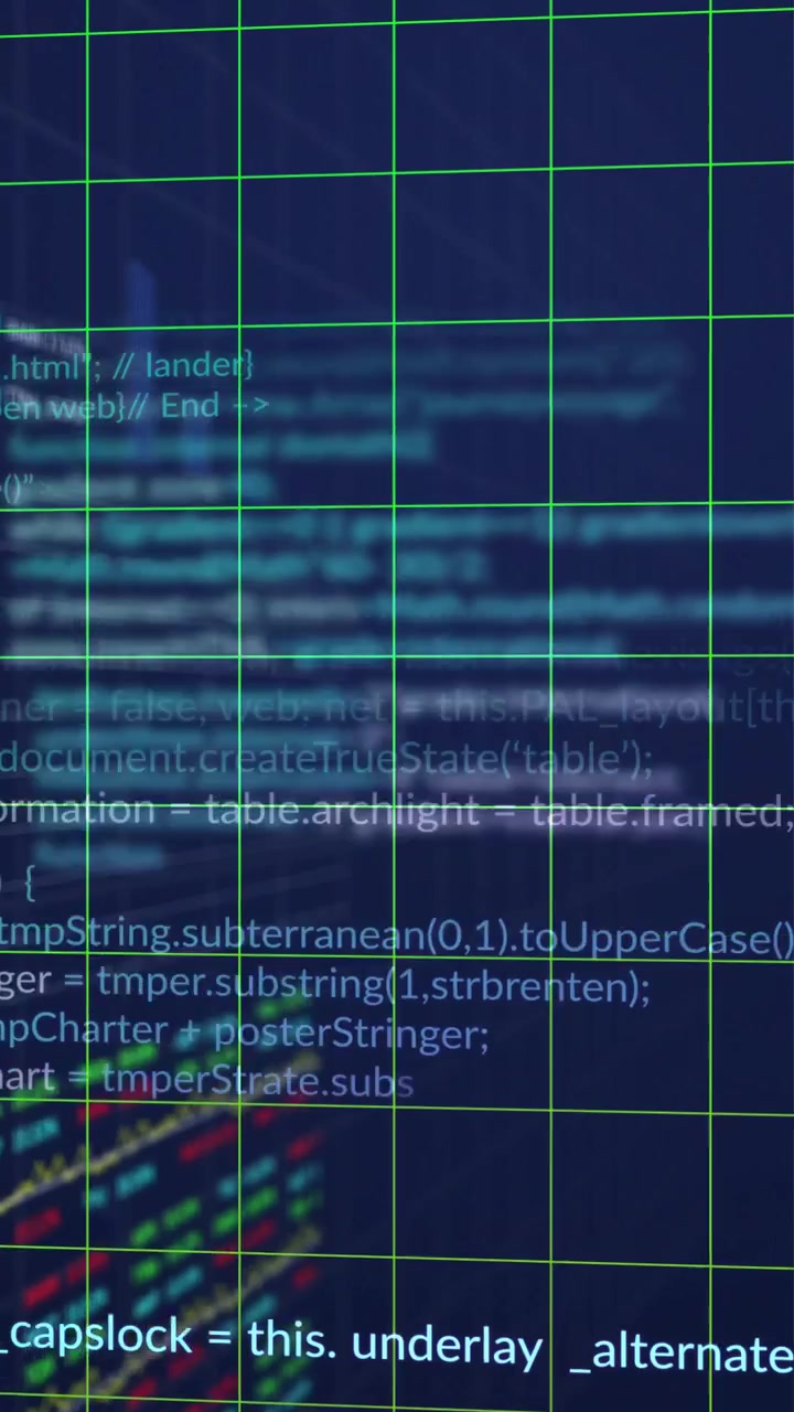 Vertical video: Neon grid staying fixed as dim code drifting up with glow sparking, showing syntax