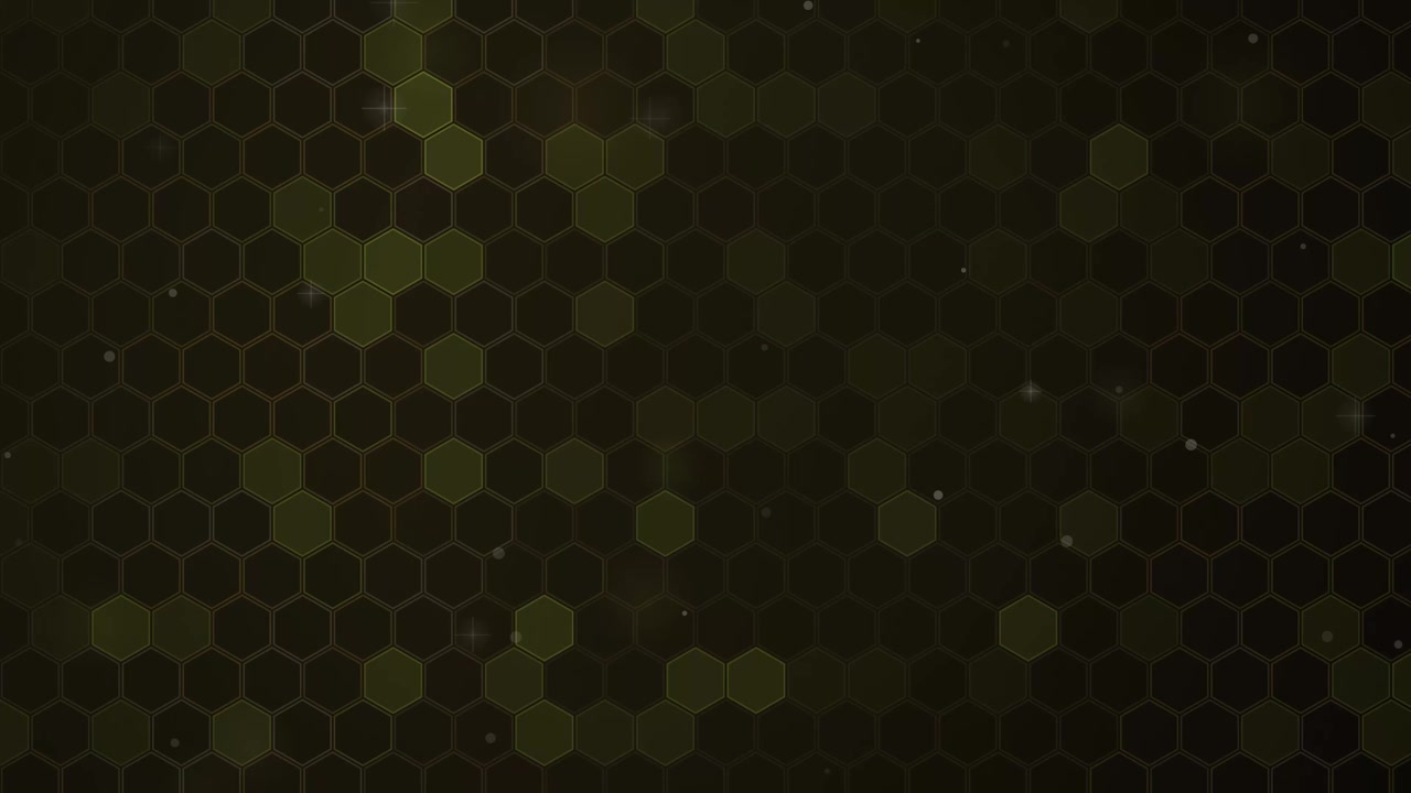 Células hexagonais douradas cintilantes sutis movem-se suavemente em um loop animado escuro e contínuo
