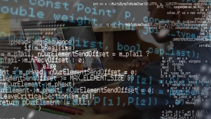 Animation of data processing over businesswoman using interactive screen