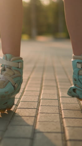 vista de la pierna de una persona patinando en un camino entrelazado, con patines de color azul, con la sombra proyectada en el suelo por la luz del sol cálida, fondo borroso con vegetación exuberante y árboles