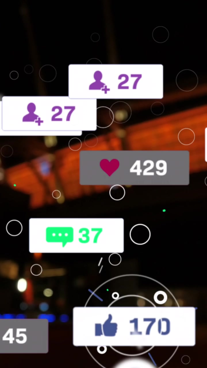 Animation of social media icons and numbers over cityscape