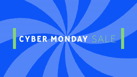 animation of cyber monday text between lines over sunrays against blue background