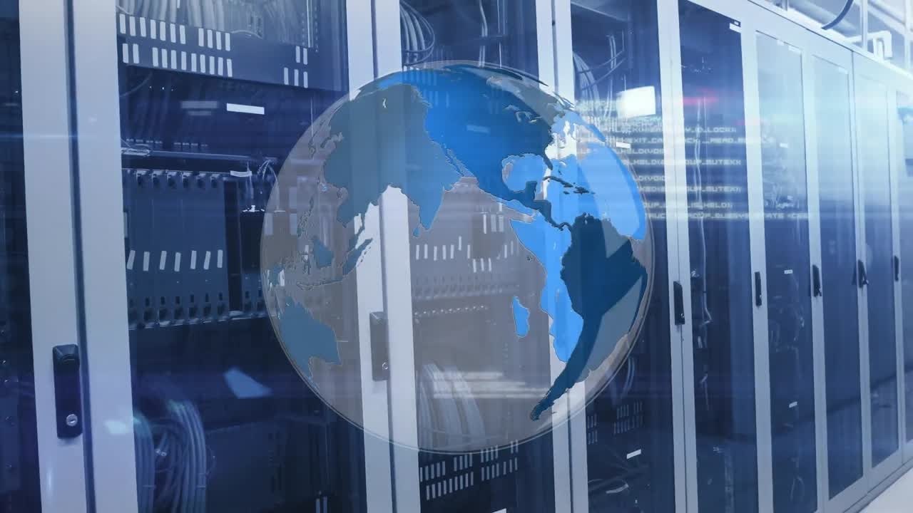 Animation of data processing over spinning globe against computer server room