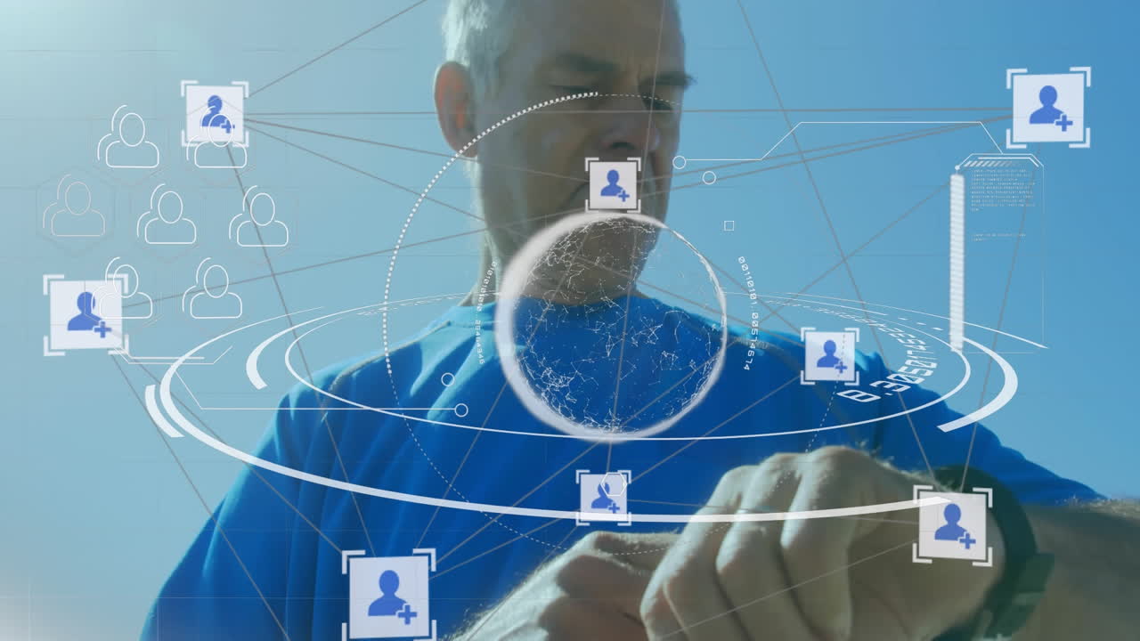 Animation of spinning globe and web of connections floating over Caucasian man using his digital w