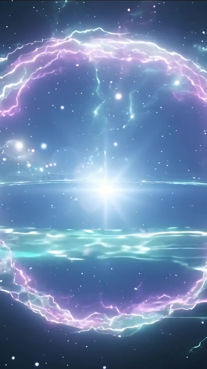 Video verticale: Campo viola pulsante che si accende mentre una luce centrale emette bande verde acqua ondulate nello spazio.