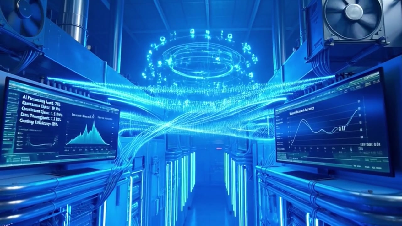 Futuristic Data Center with Glowing Holographic Network Visualization