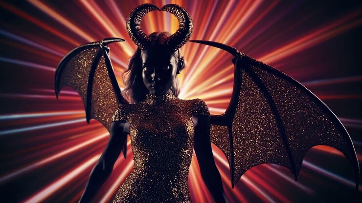 Mystical golden horned woman wearing dramatic fantasy costume, embodying supernatural character against vibrant colorful background, radiating enigmatic elegance and otherworldly presence