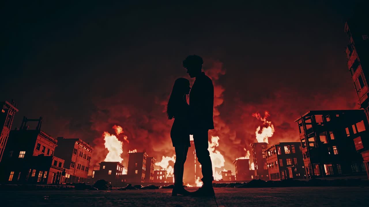 Silhouette di una coppia in una città in fiamme