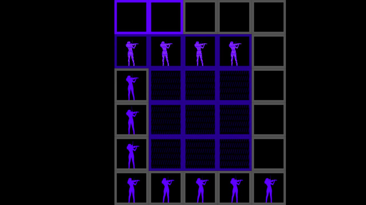 나선형 세포 - 효과. 그림은 바이올리니스트입니다. 사각형의 동적 대조 애니메이션, 디지털 픽셀. 콘서트, 쇼, 디스코 파티, 뮤직 비디오에 사용할 수 있습니다.