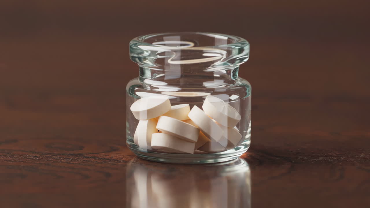 Small Glass Jar Filled with White Round Pills