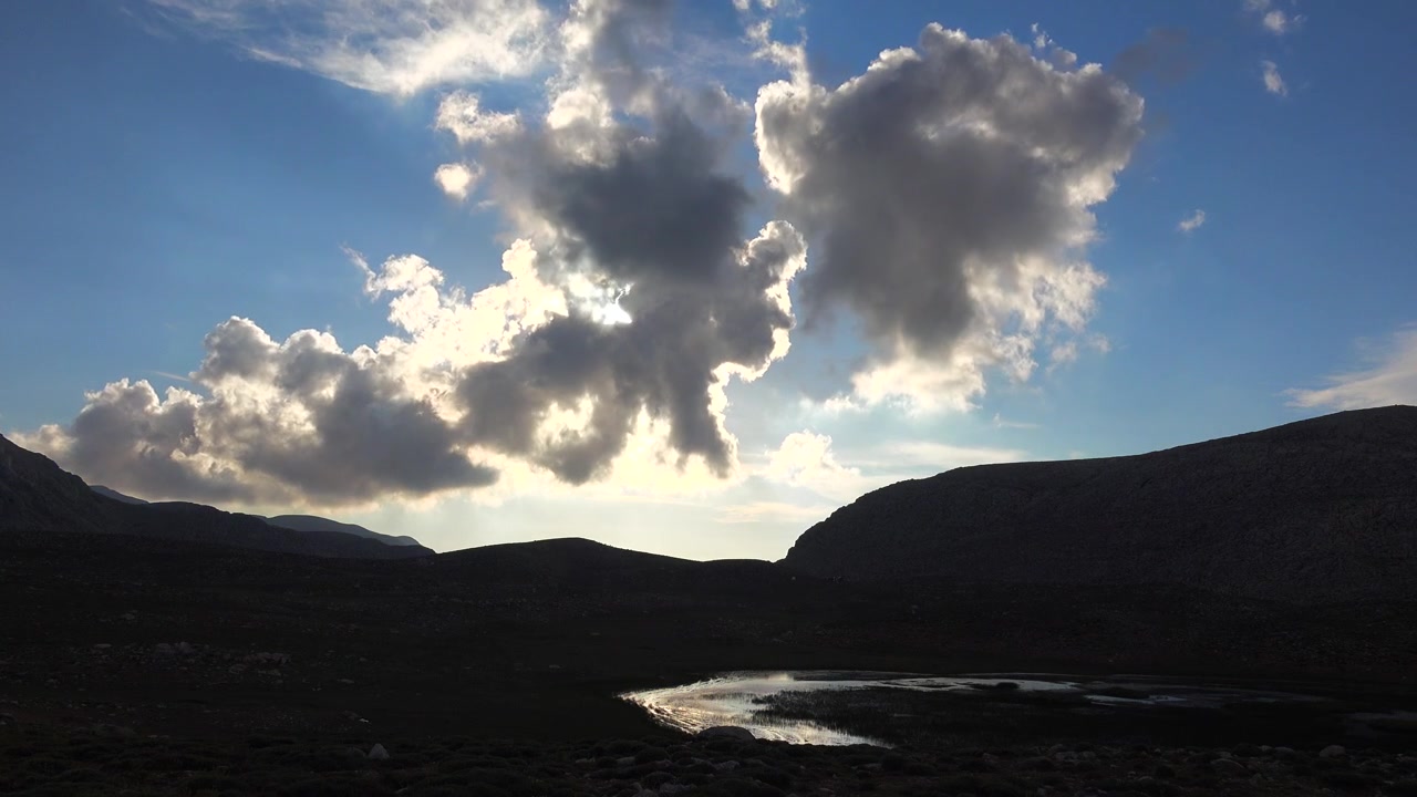 Dramatic Clouds Over Mountain Landscape and Reflective Pond