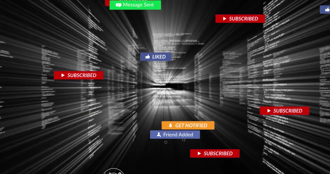 Un tunnel di dati 3D che si avvia e avanza velocemente, con icone social che sfumano e si raggruppano, visualizzando il coinvolgimento.