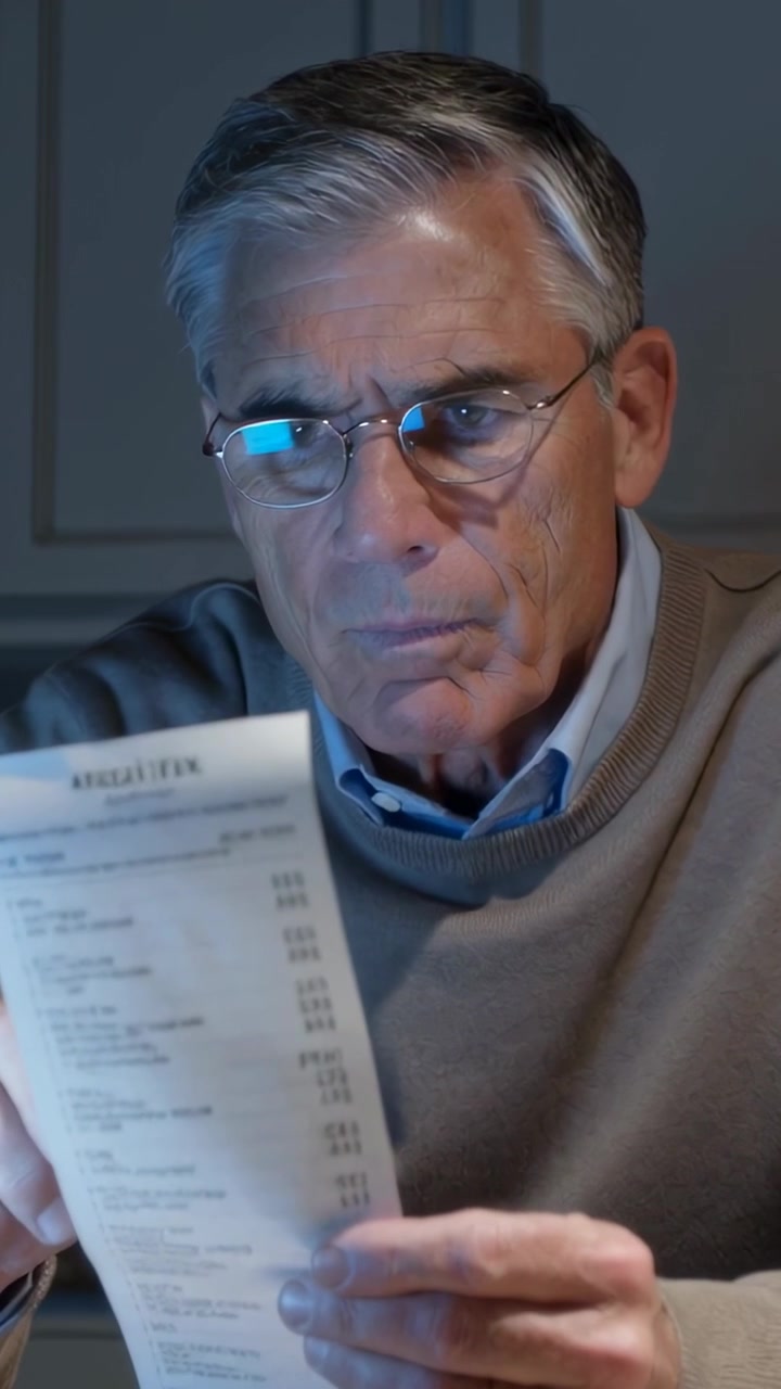 Vertikal video: Ældre person i skjorte scanner en regning derhjemme, tjekker totaler med bærbar computer og briller