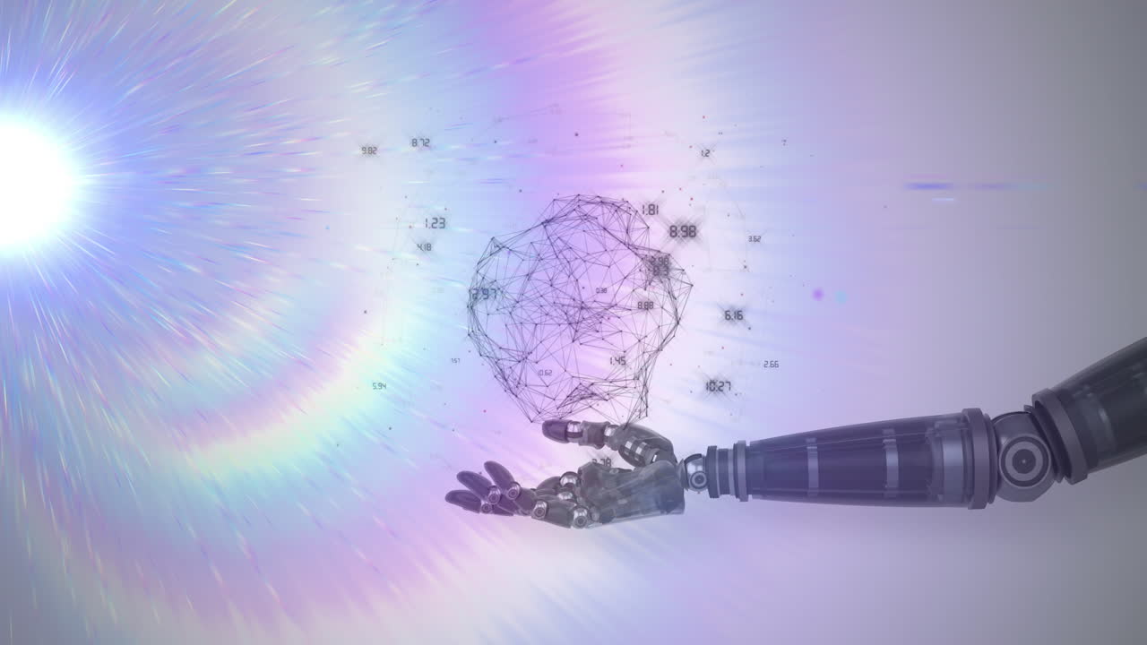 animación de la red de conexiones que procesan datos sobre la mano del brazo del robot, con luz prismática