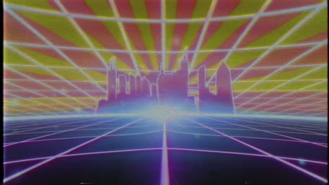 Retro-80er-VHS-Kassette-Videospiel-Intro-Landschaft-Vektor-Arcade-Wireframe-Stadt-4k