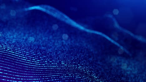 3d en bucle bg concepto de flujo de datos, espacio digital de fondo de ciencia ficción. campo azul de alta tecnología con partículas de brillo forman líneas y ondas de superficie. flujo de información de alta tecnología, blockchain, visualización de bigdata. dof