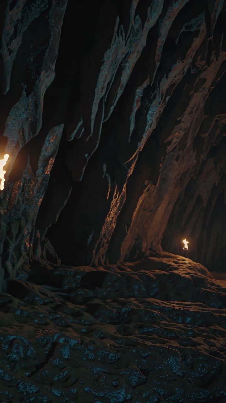 A dimly lit cave with flickering torches, captured from a low-angle perspective